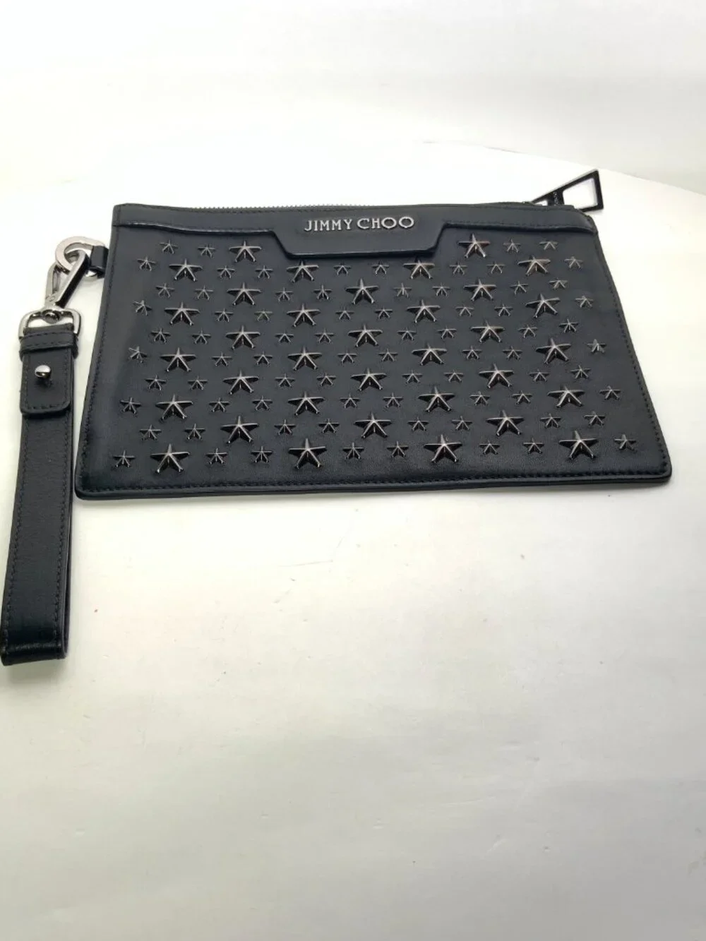 Jimmy Choo Black Leather Star Studded Clutch/Wristlet w/ Silver Accents